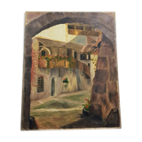 Vintage Oil Painting Swiss Village, 20th Century