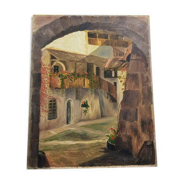 Vintage Oil Painting Swiss Village, 20th Century