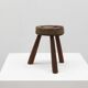 Brutalist French solid oak tripod stool with metal rim, 1850s