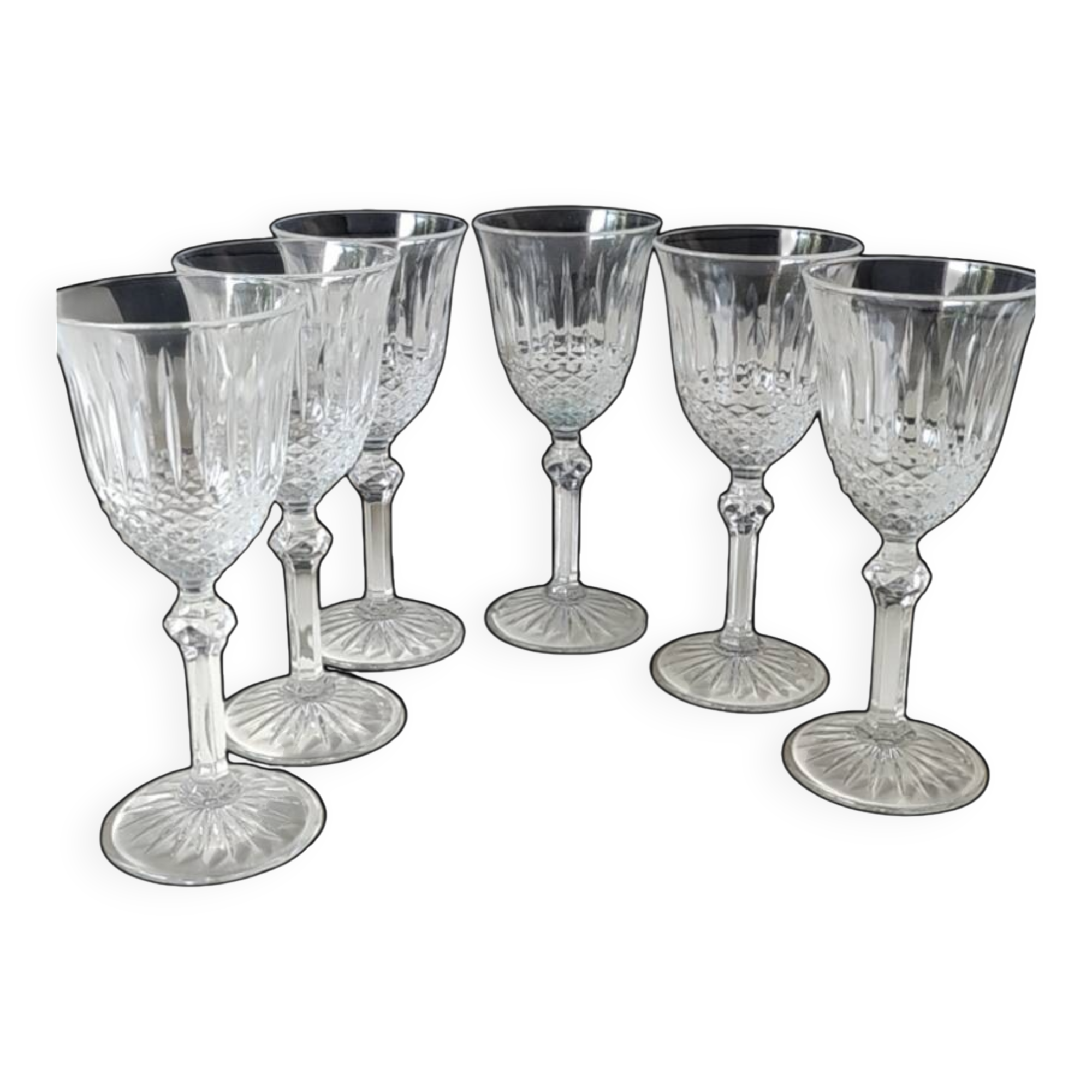 Set of 6 Large Red Wine Glasses. Bohemian Crystal. Diamond-tipped.