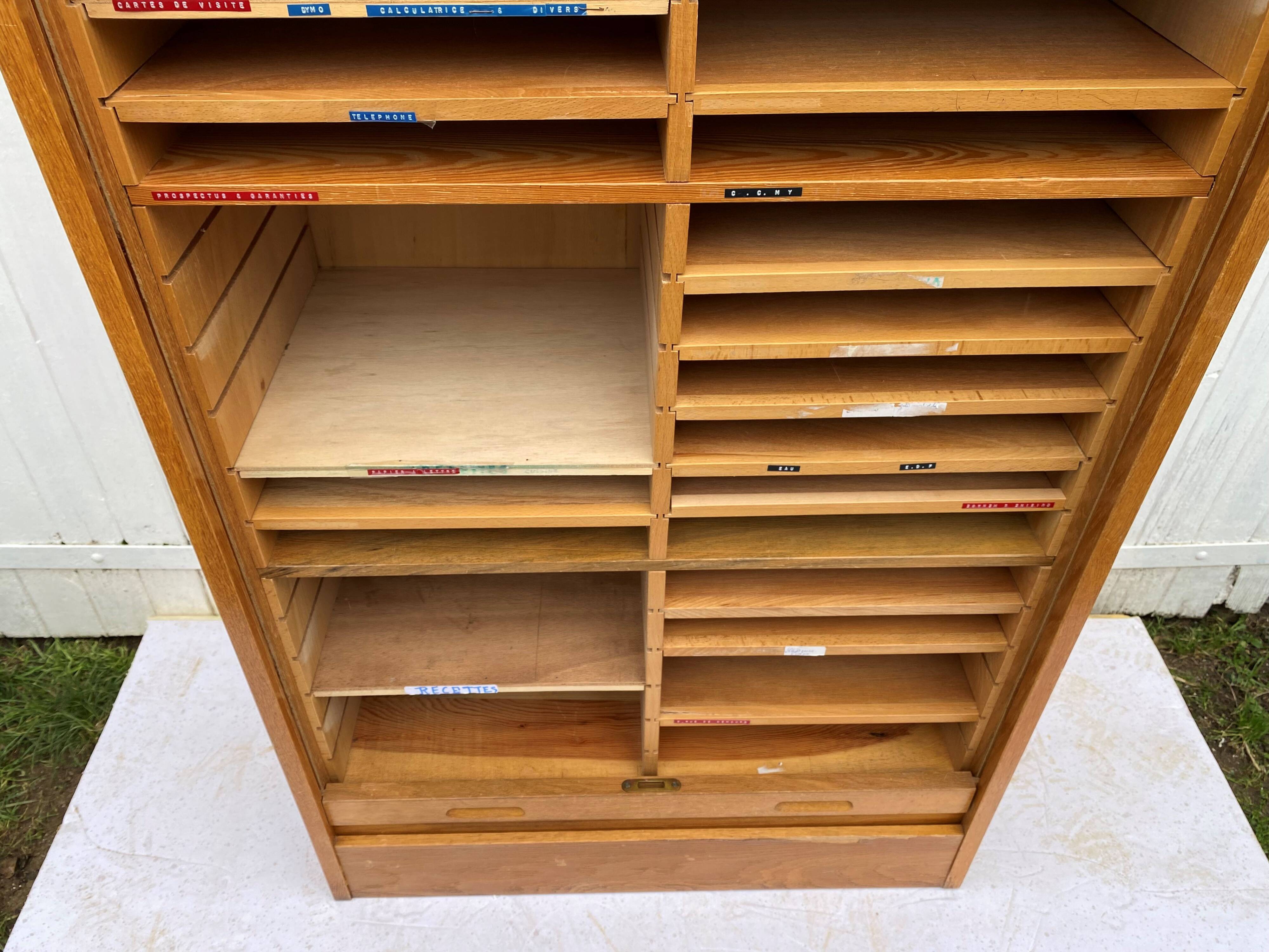 Double column curtained filing cabinet in oak, 1960