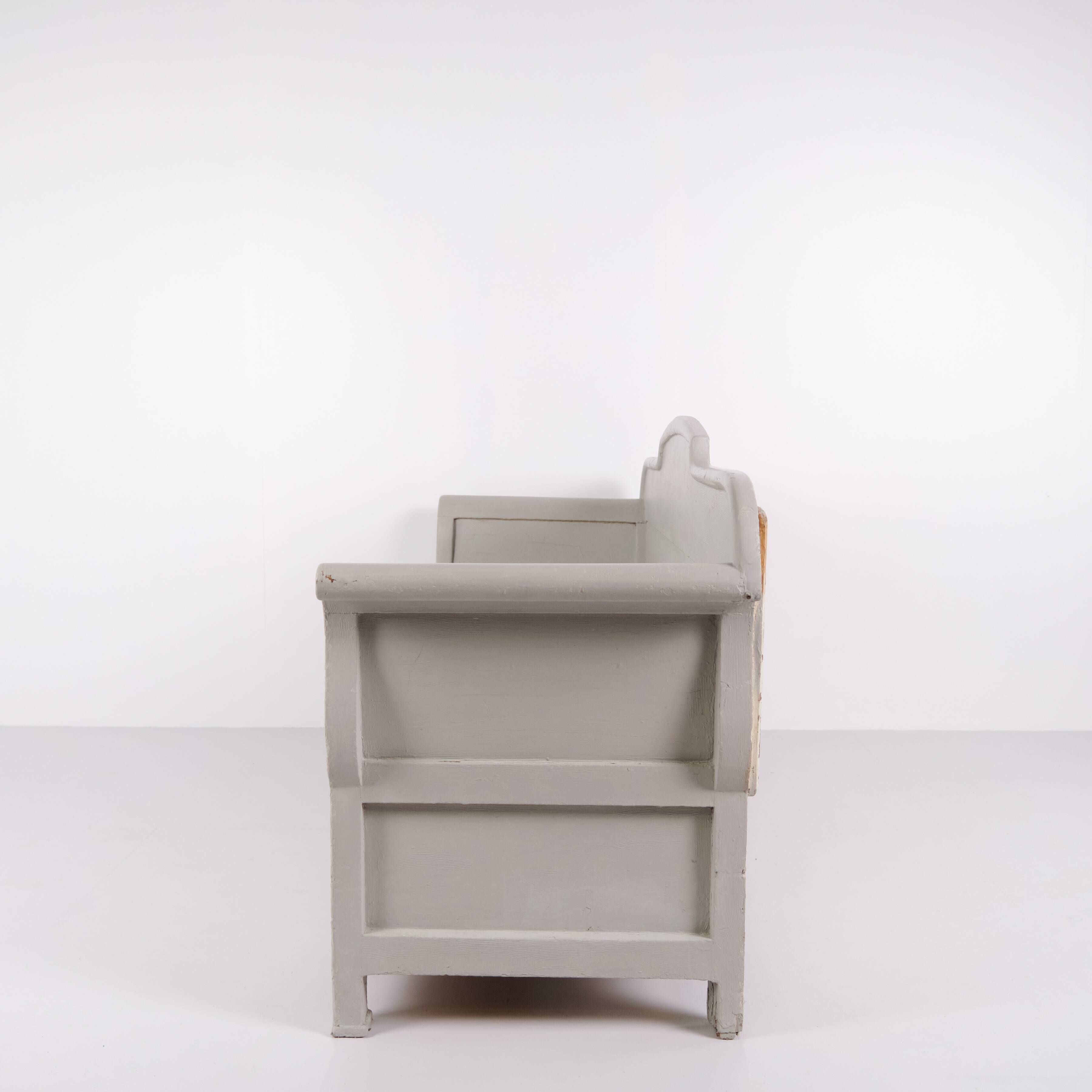 Antique storage bench – grey painted – pine wood – 1890s