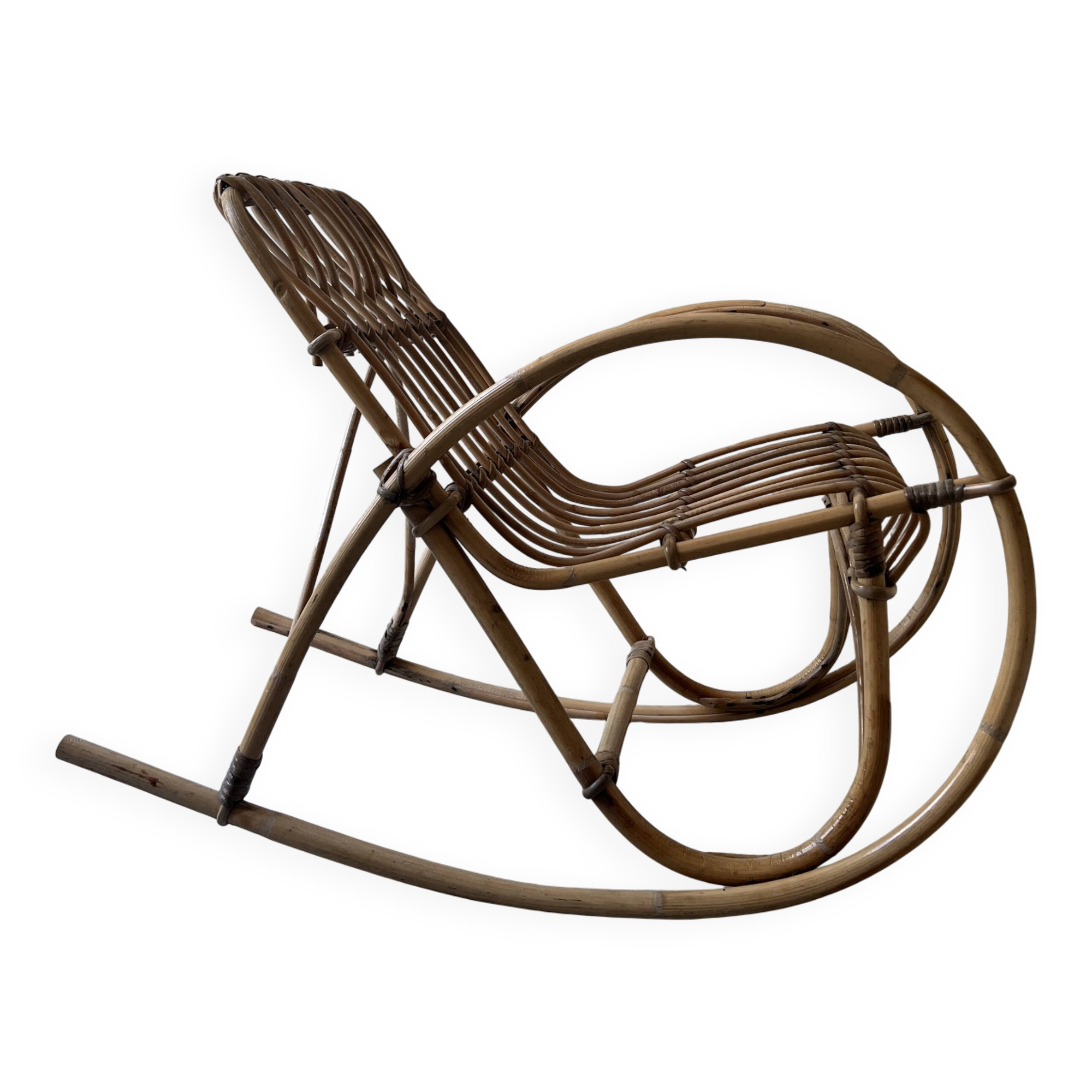 Child's rocking chair in rattan/bamboo, France 1950.