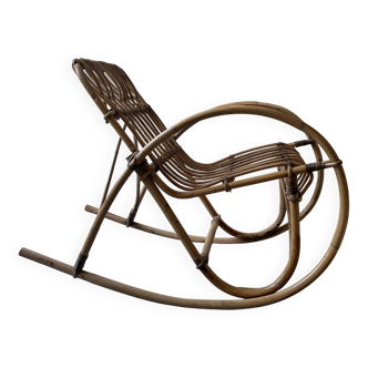 Chaise fauteuil rocking chair enfant en rotin/bambou , France 1950