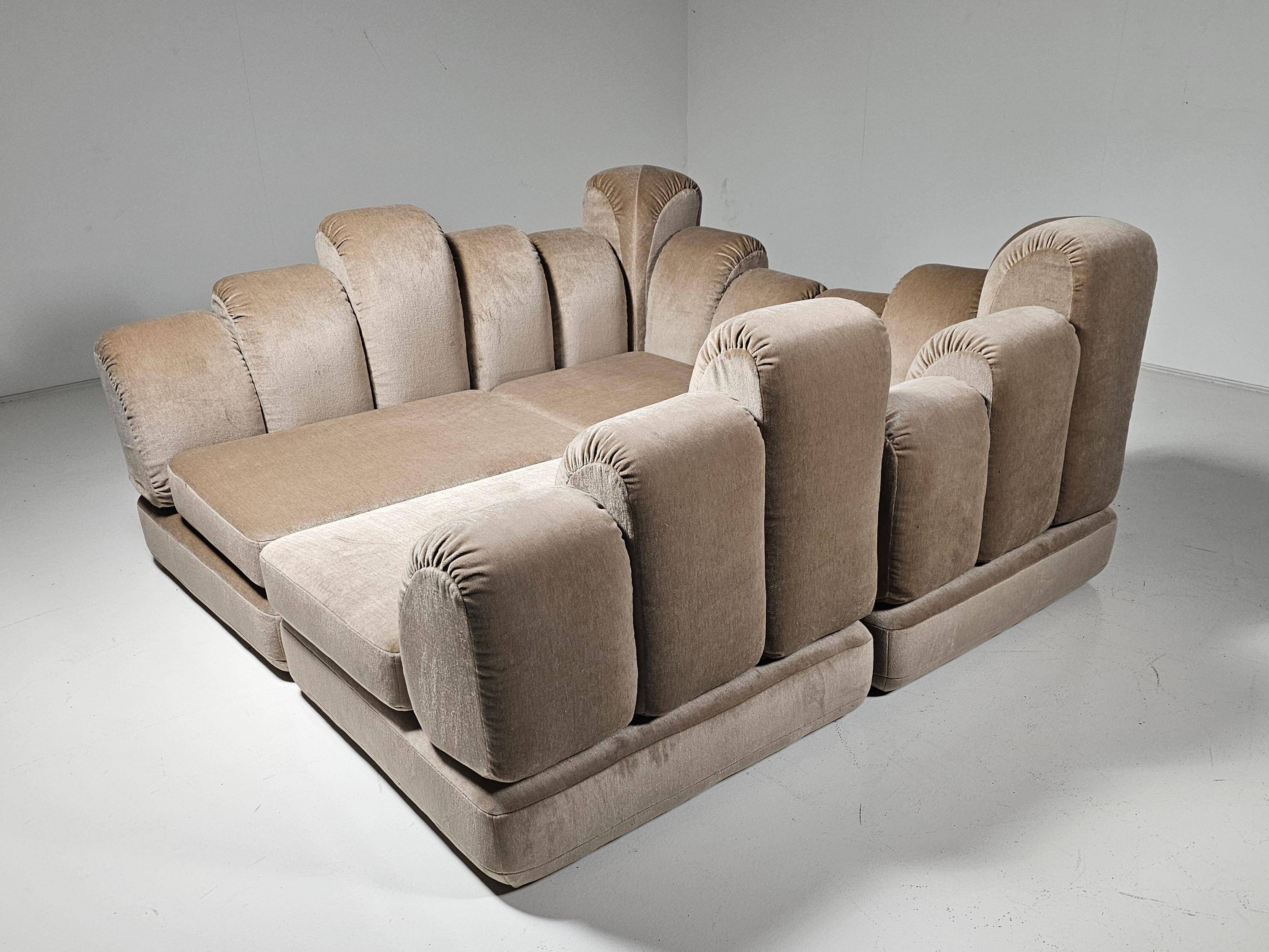 Beige mohair velvet sectional sofa by Hans Hopfer, Roche Bobois.