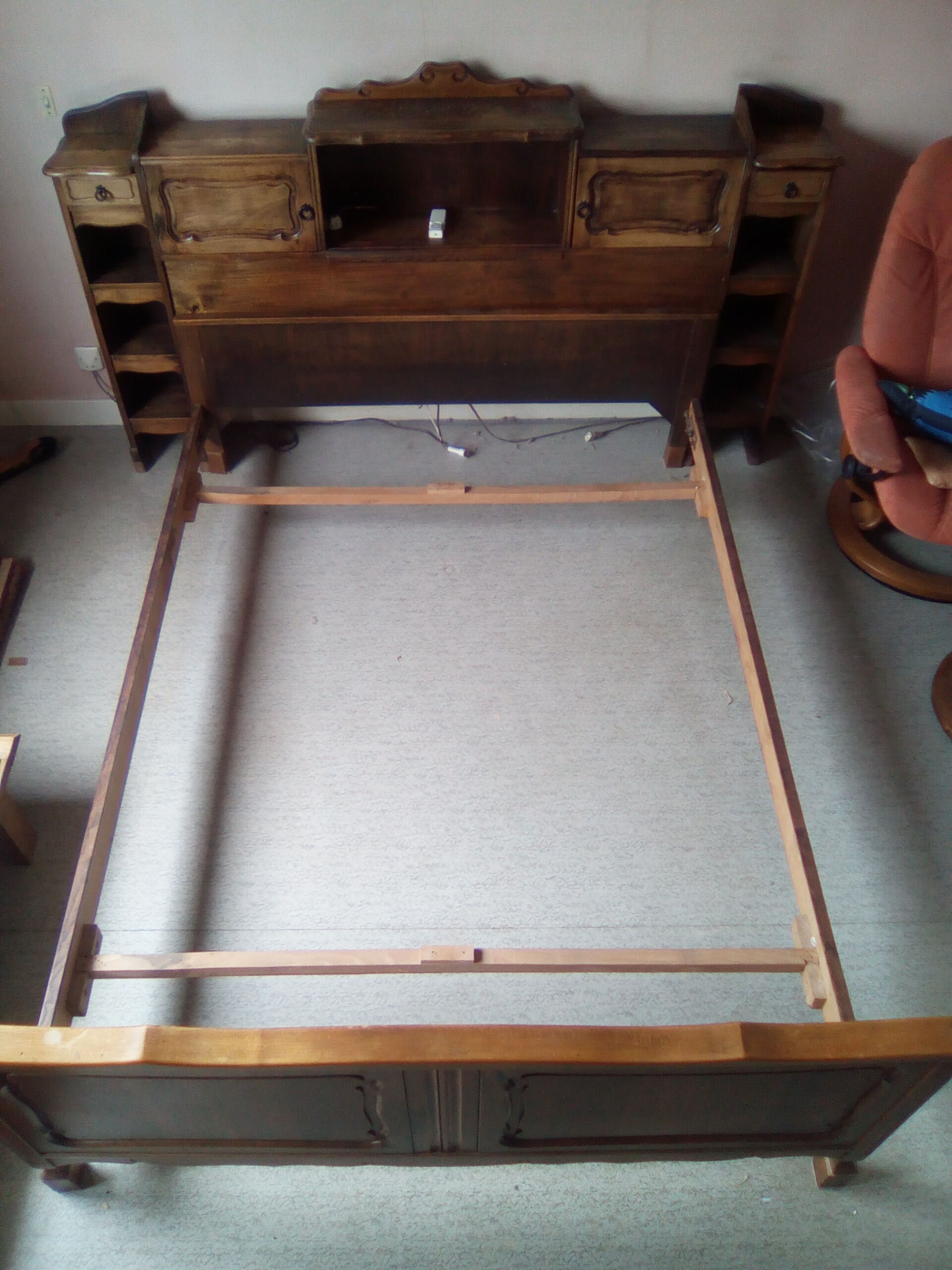 Louis XV style bed / regency in solid wood stained with cozy headboard.