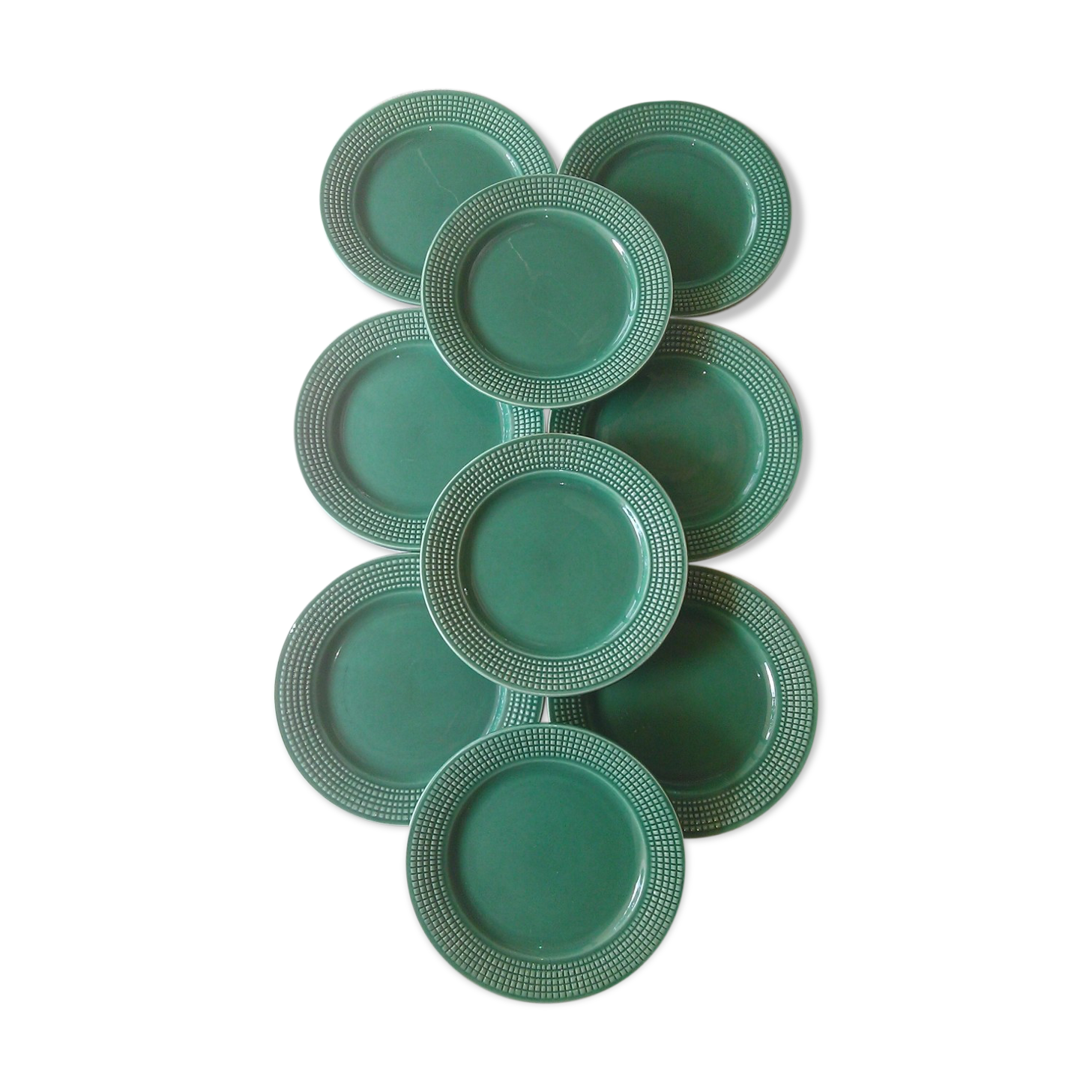 9 Plates blue green earthenware dessert