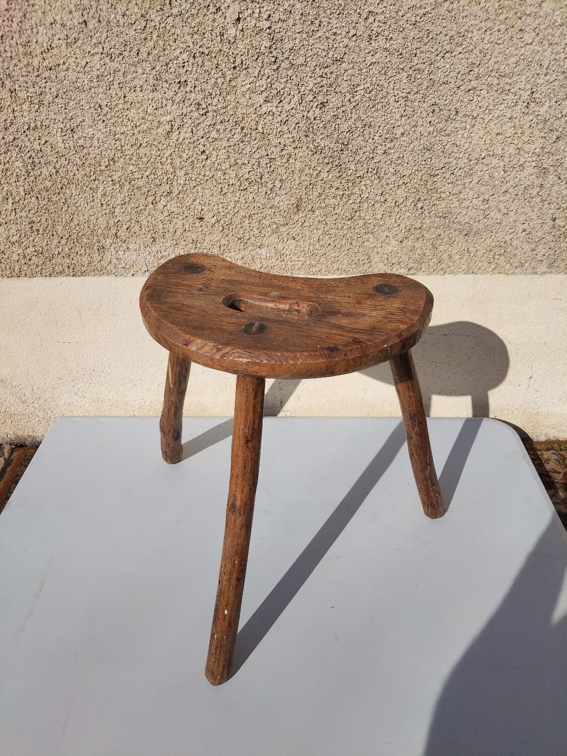 Antique tripod milking stool – folk art – patinated solid wood