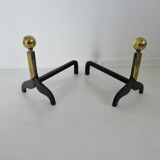 Pair of modernist steel and brass andirons