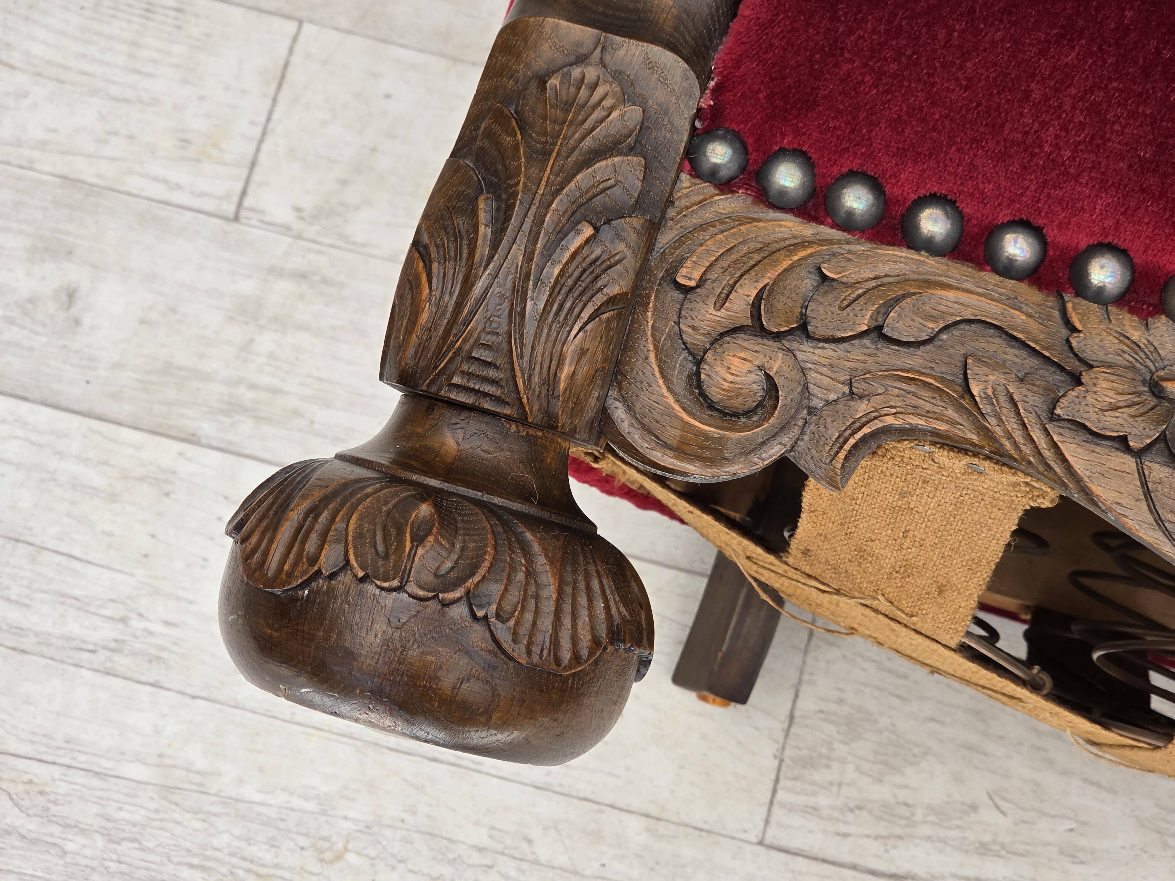 1960s, Danish relax chair, cherry-red furniture velour, oak wood.