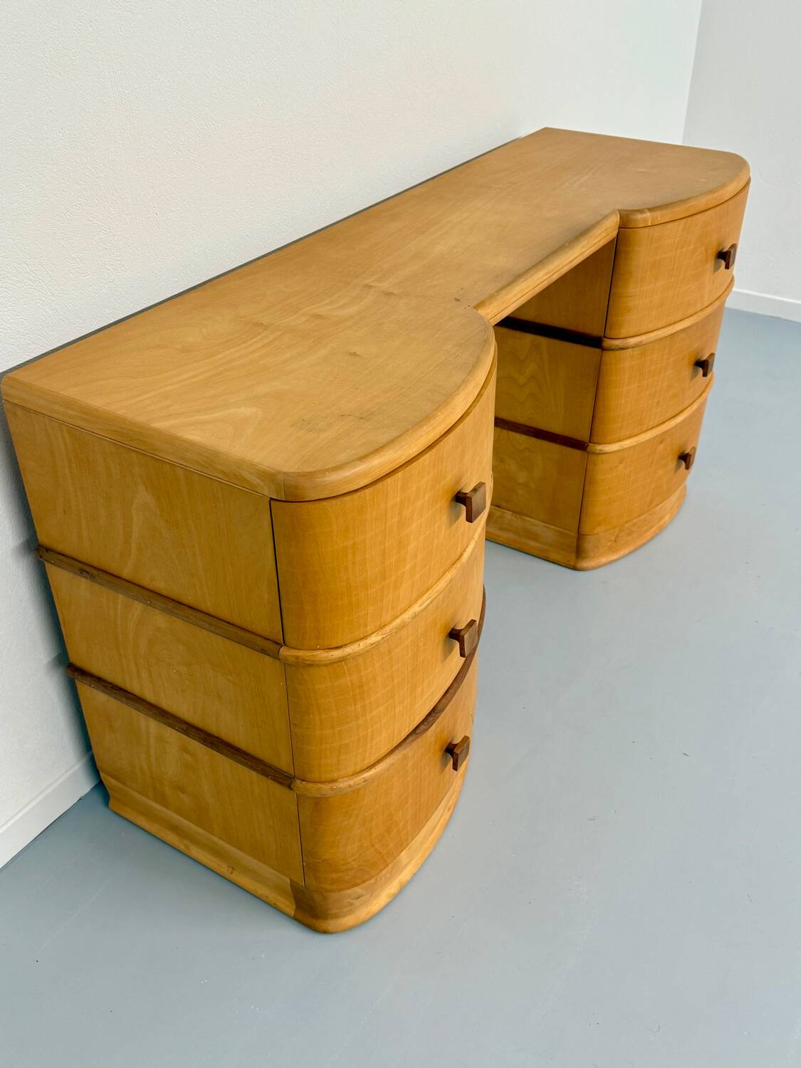 Old beech desk in art deco style with drawer, vintage 60s
