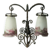 Applique murale fer forgé avec globe verre tulipe rose verrerie Muller