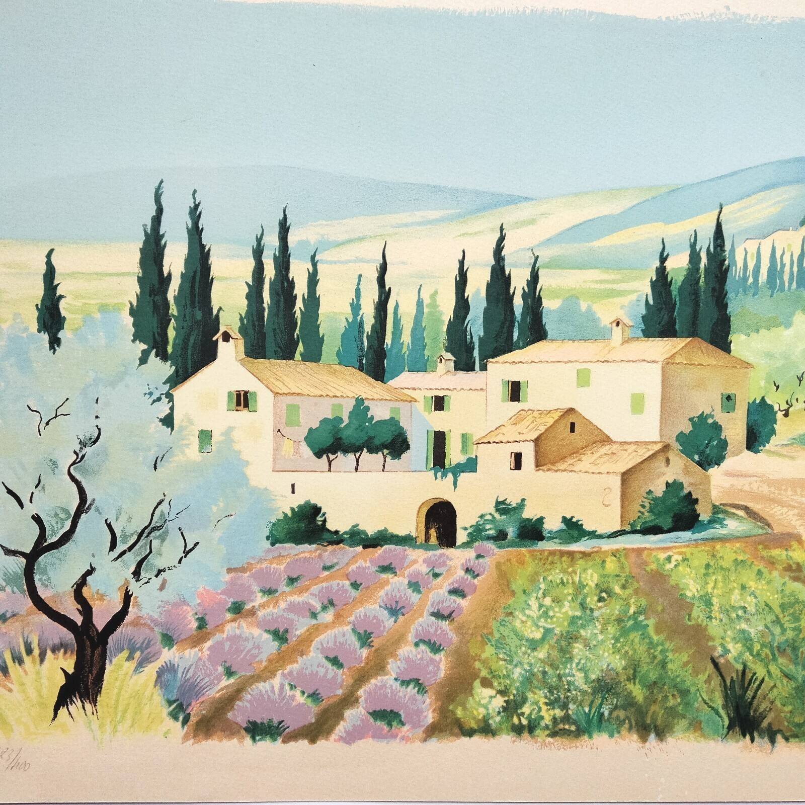 Provençal landscape lithograph signed by Jean Gabriel Séruzier.