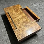 designer coffee table in elm burl with integrated drawers, Roche Bobois 1970