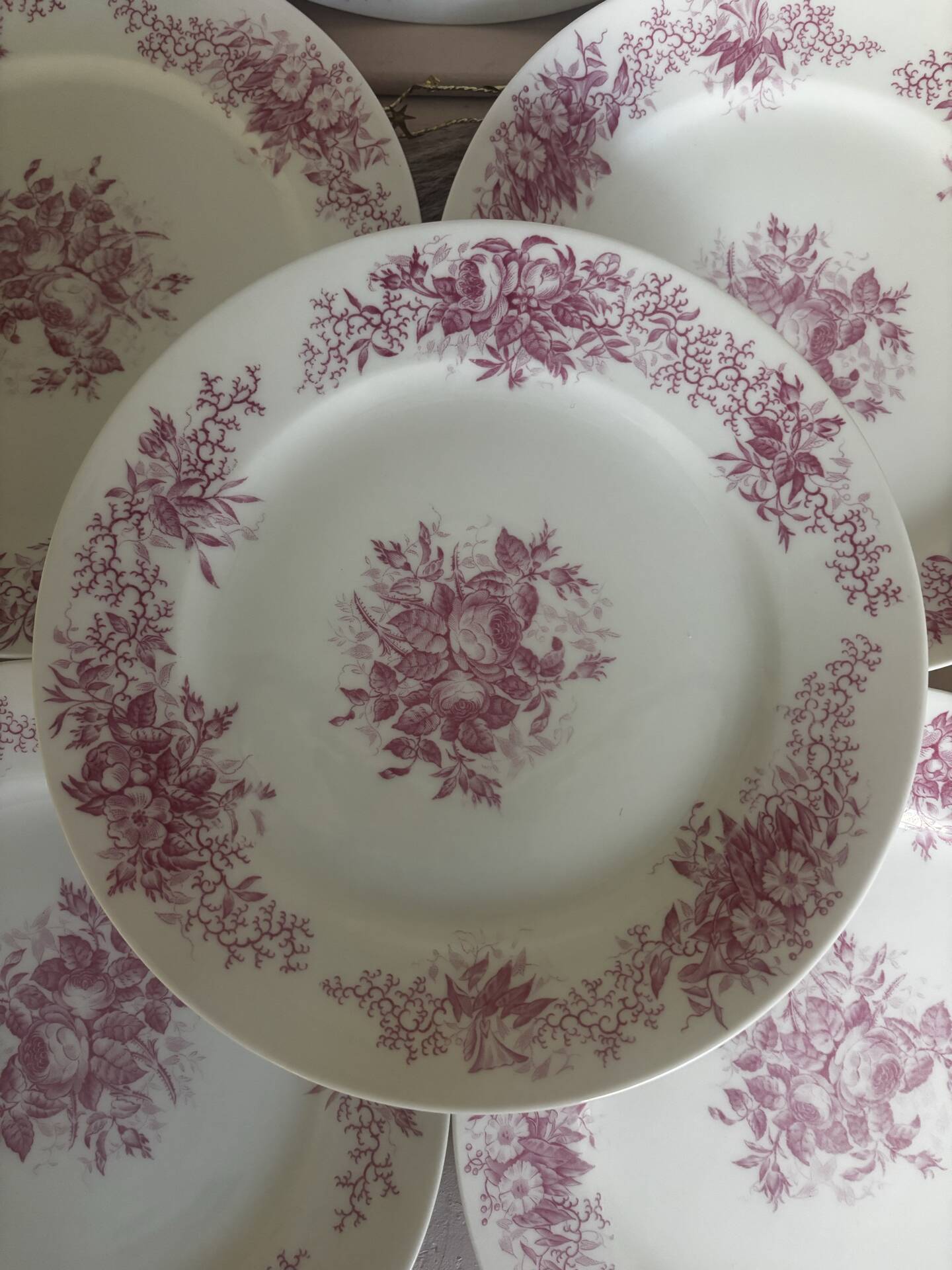 Set of 6 antique dessert plates in porcelain with pink flowers.
