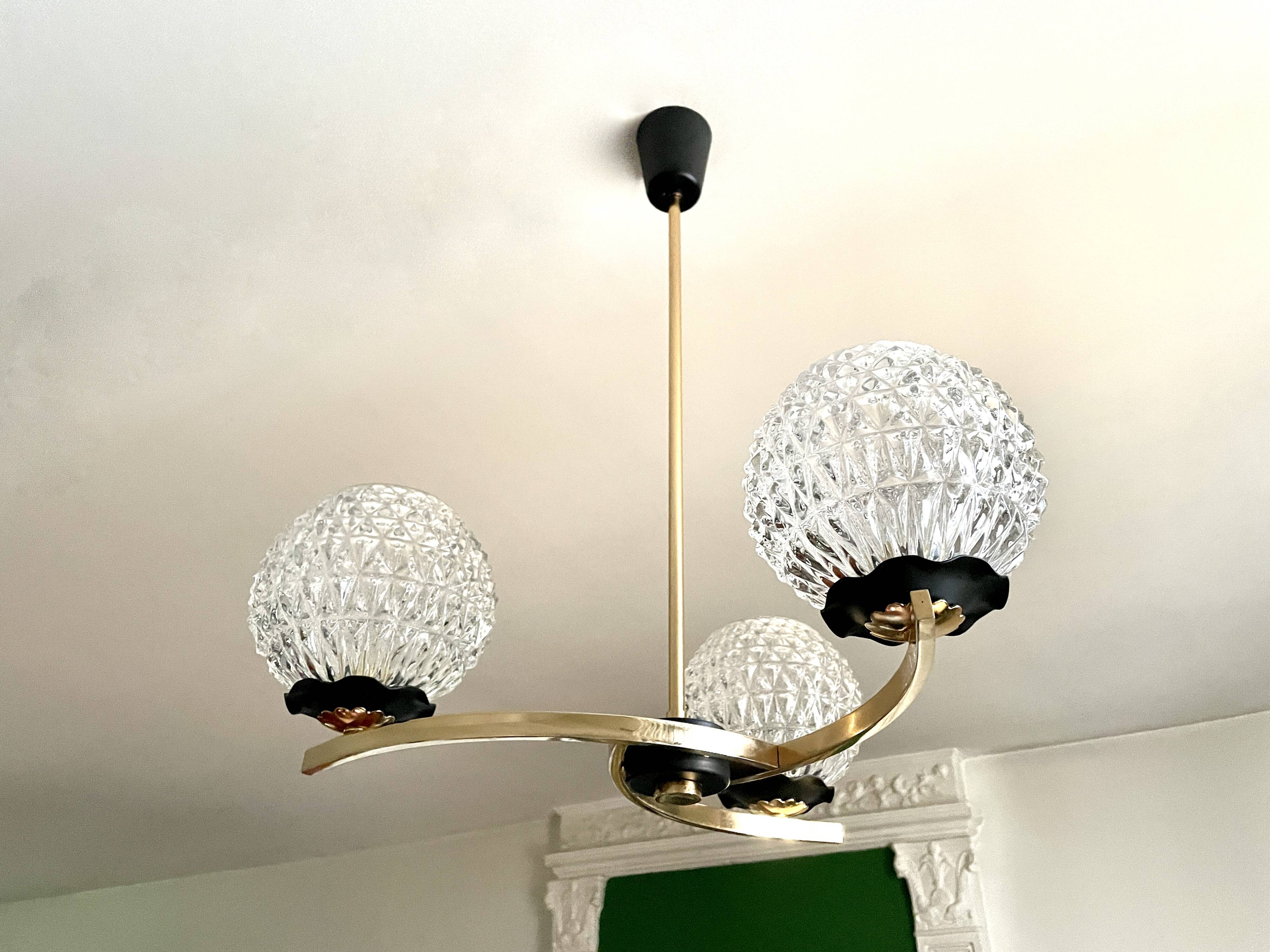Chandelier 3 brass lights 1950