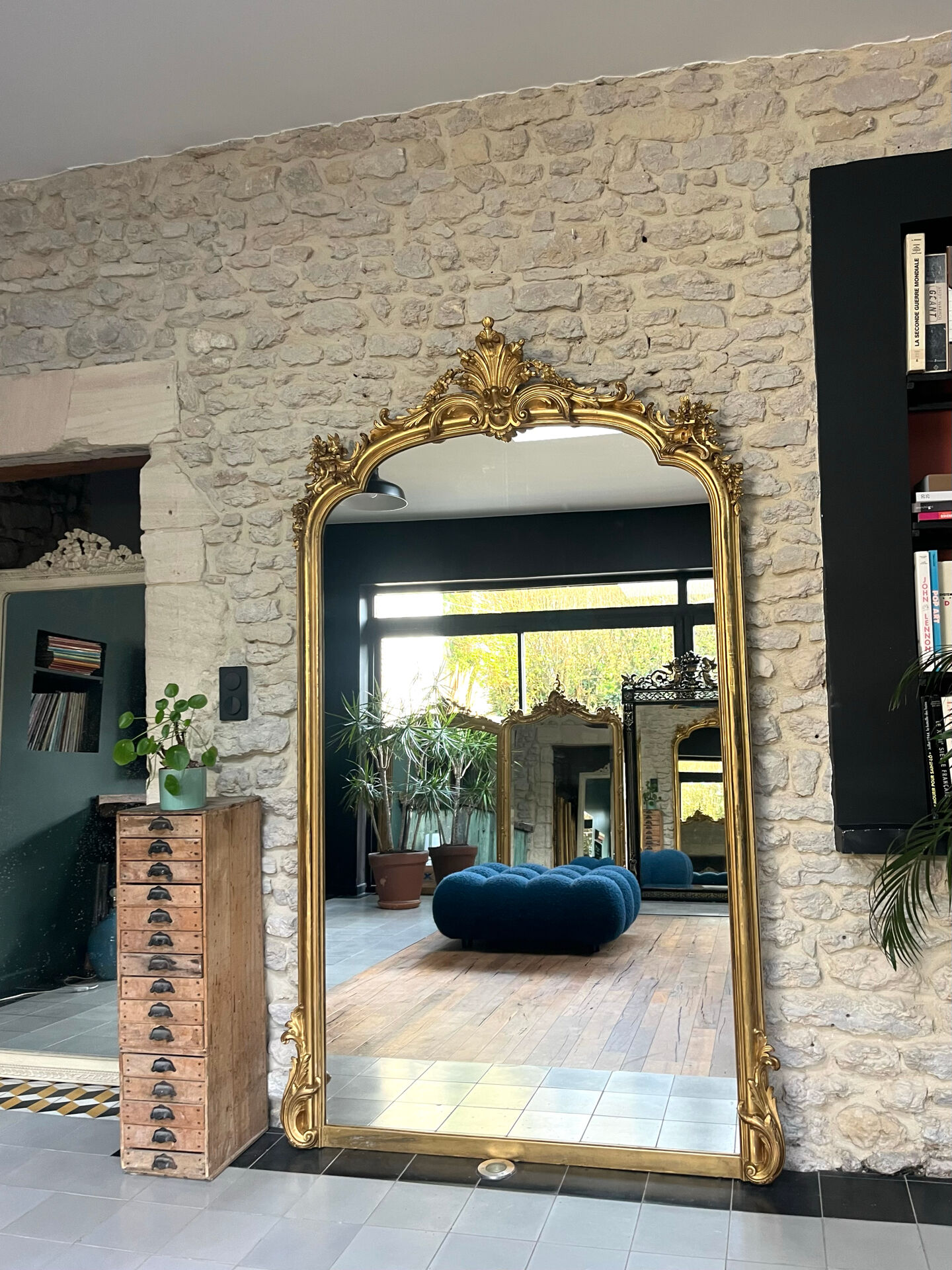 Gold leaf mirror with pediments, 219/131cm, overmantel.