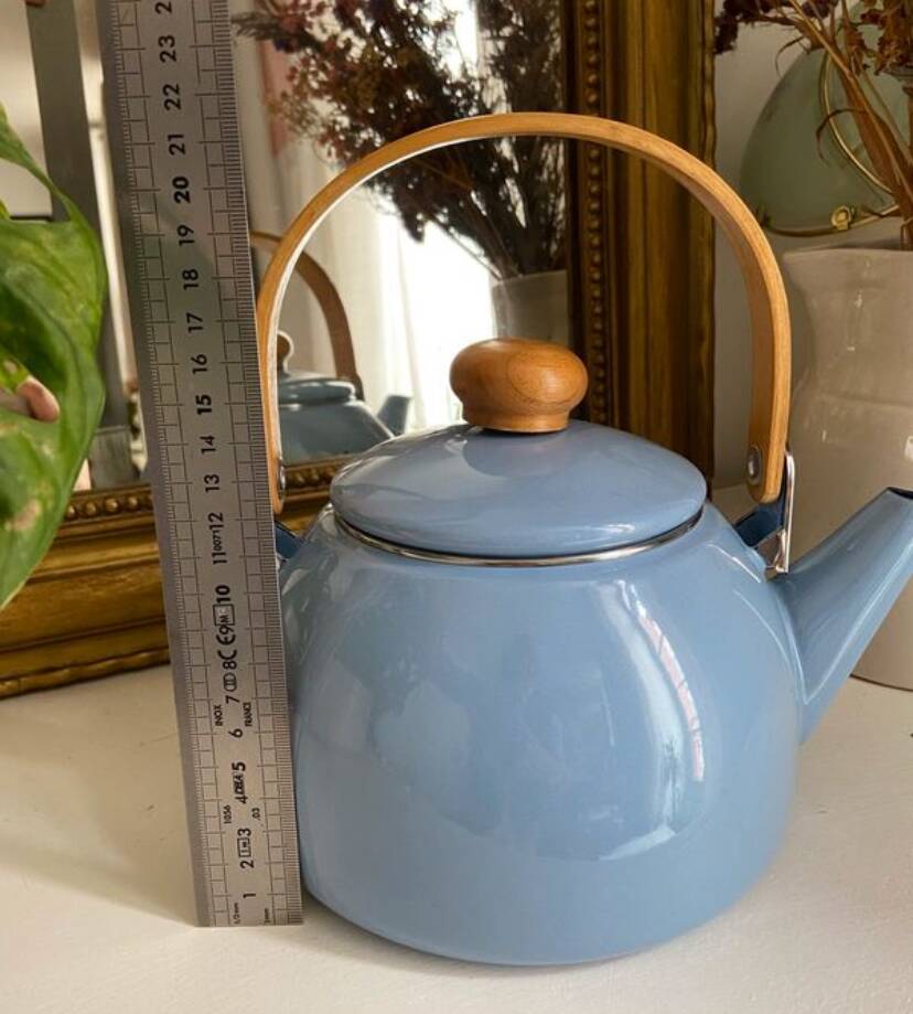 Vintage blue enamelled tin teapot with wooden handle