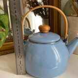 Vintage blue enamelled tin teapot with wooden handle