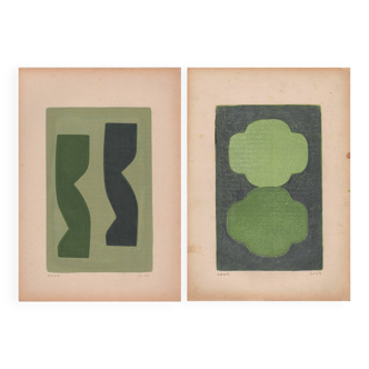 Duo of Paintings on old paper - abstract painting signed eawy