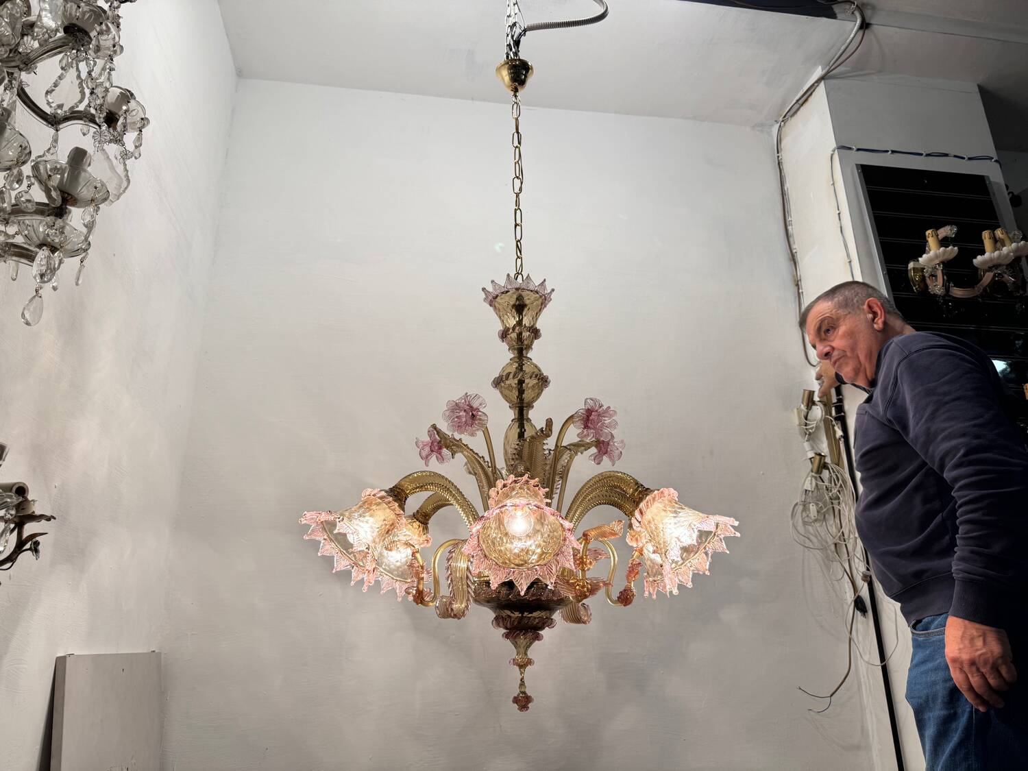 Venetian Pink Amber Murano Glass Chandelier 1960’s
