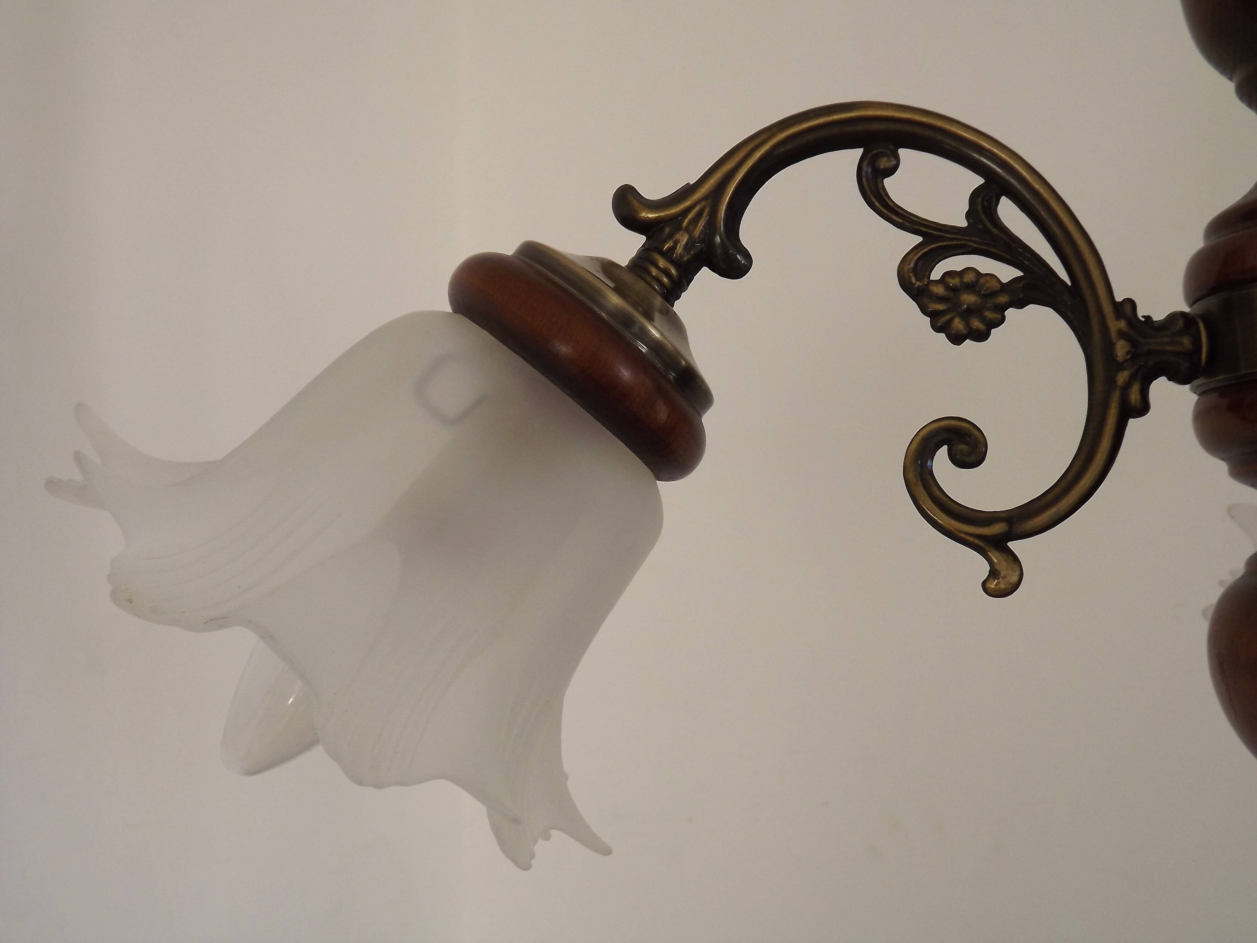 French Mid-Century 3-Light Wood and Bronzed Metal Chandelier with Glass Shades