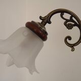 French Mid-Century 3-Light Wood and Bronzed Metal Chandelier with Glass Shades