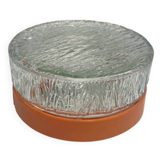 round ceiling or wall light, transparent glass, 70s, orange plastic base /