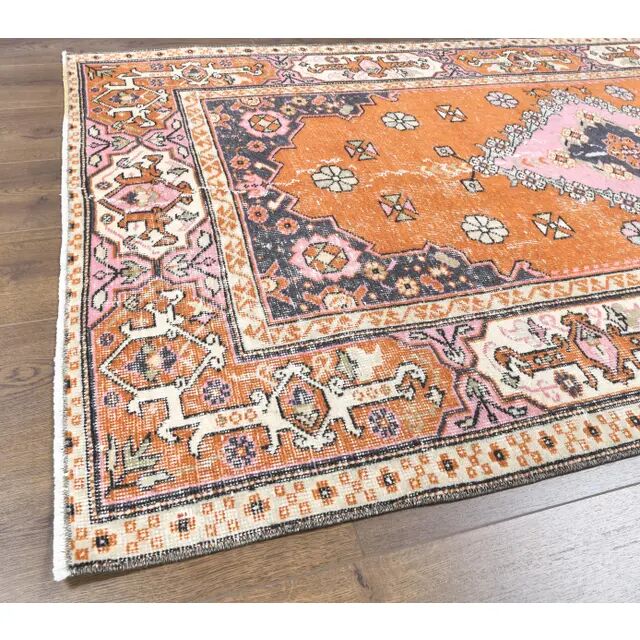 Turkish Vintage Handmade Wool Orange Rug 126x201