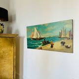 Large painting of an old fishing port