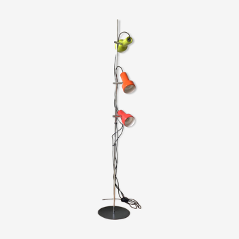 Floor lamp with 3 vintage spots, colored metal and stainless steel, seventies