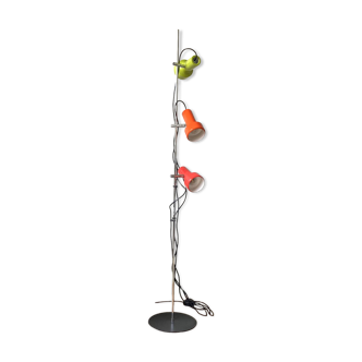 Floor lamp with 3 vintage spots, colored metal and stainless steel, seventies