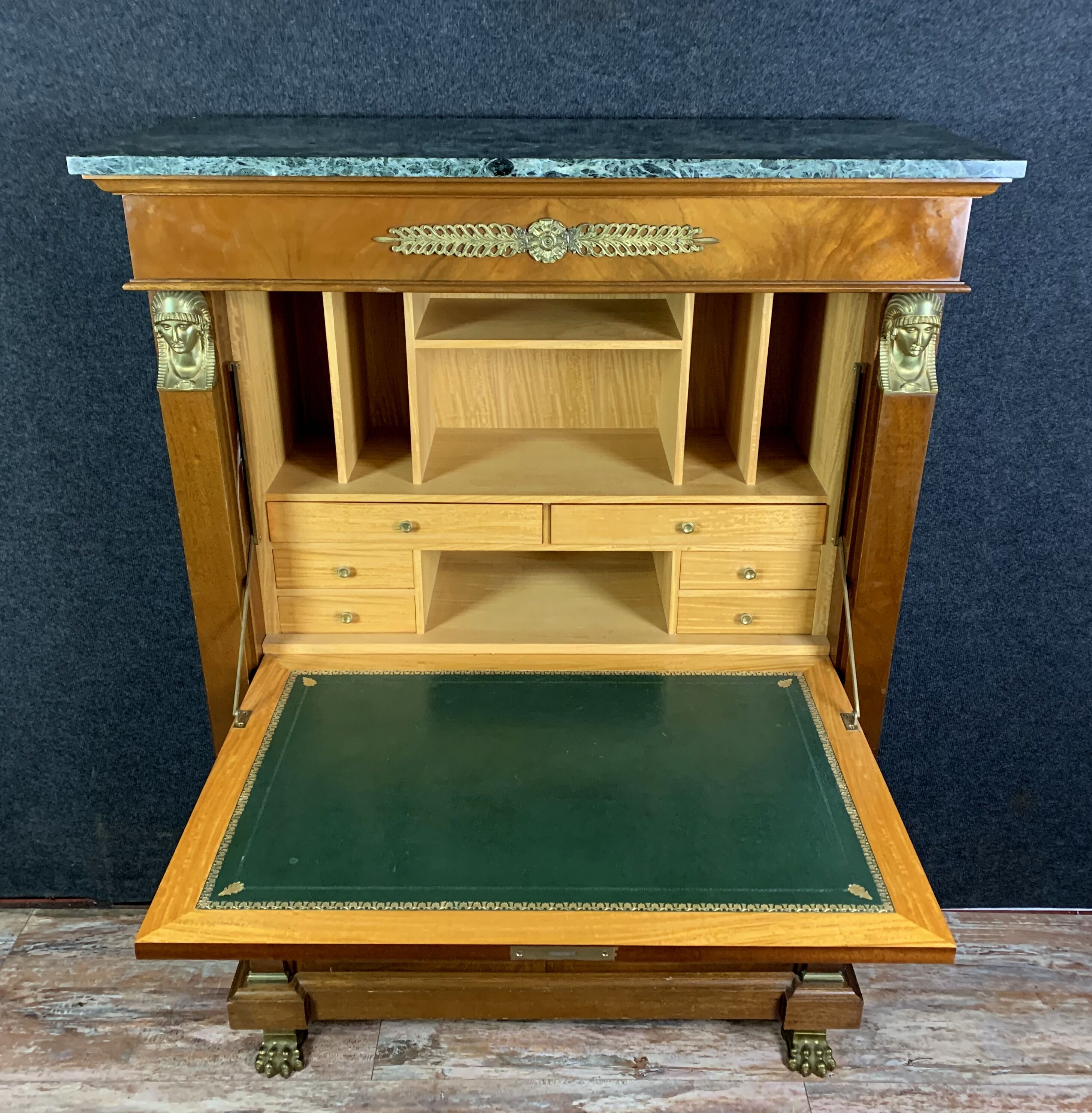 Parisian secretary Empire mahogany cariatides in gilded bronze