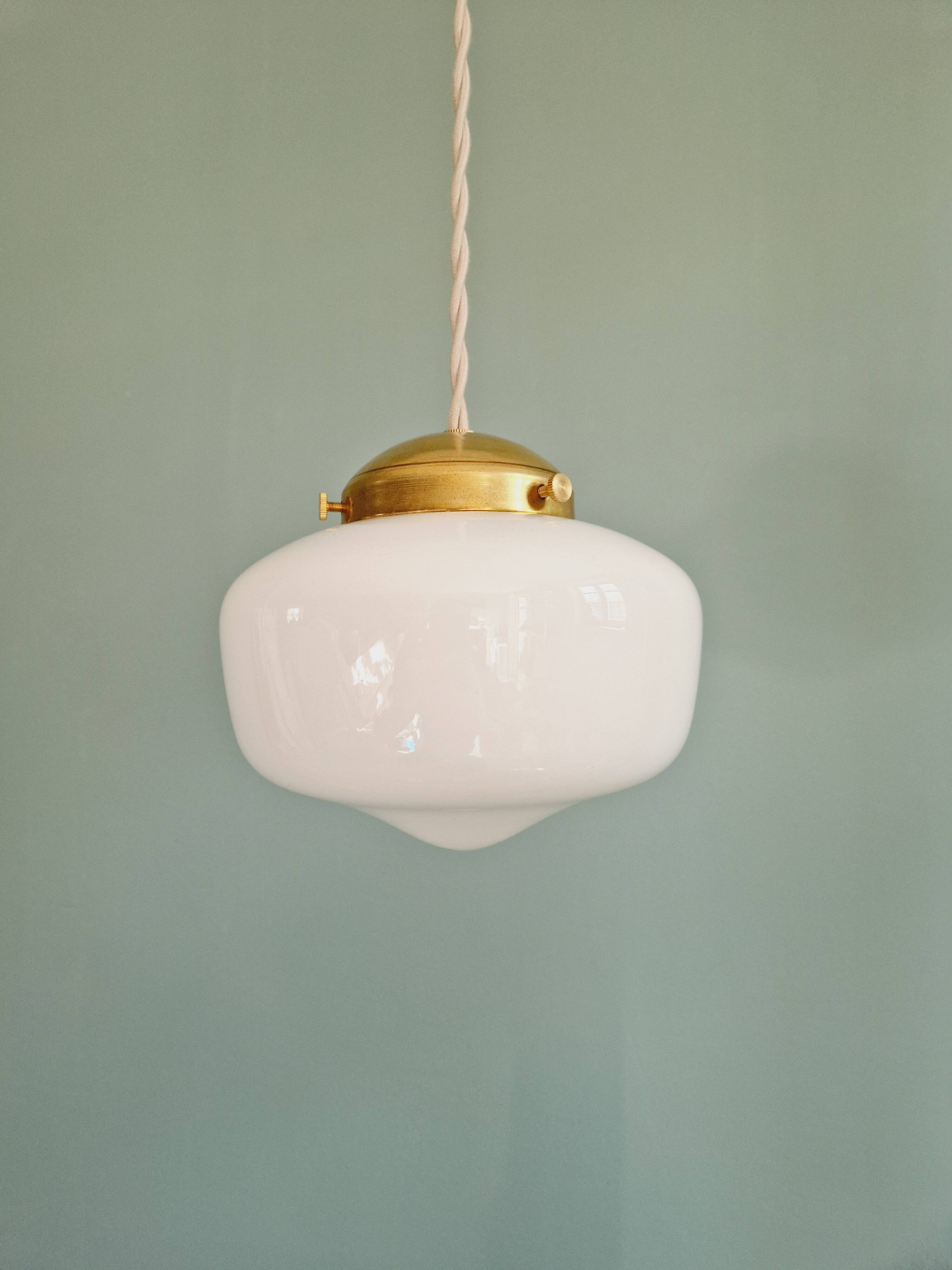 Art Deco pendant/portable lamp in conical white opaline glass, 1920s-30s