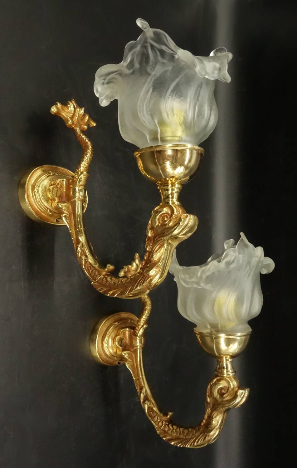 Pair of dolphin wall sconces in Louis XVI style - gilded bronze