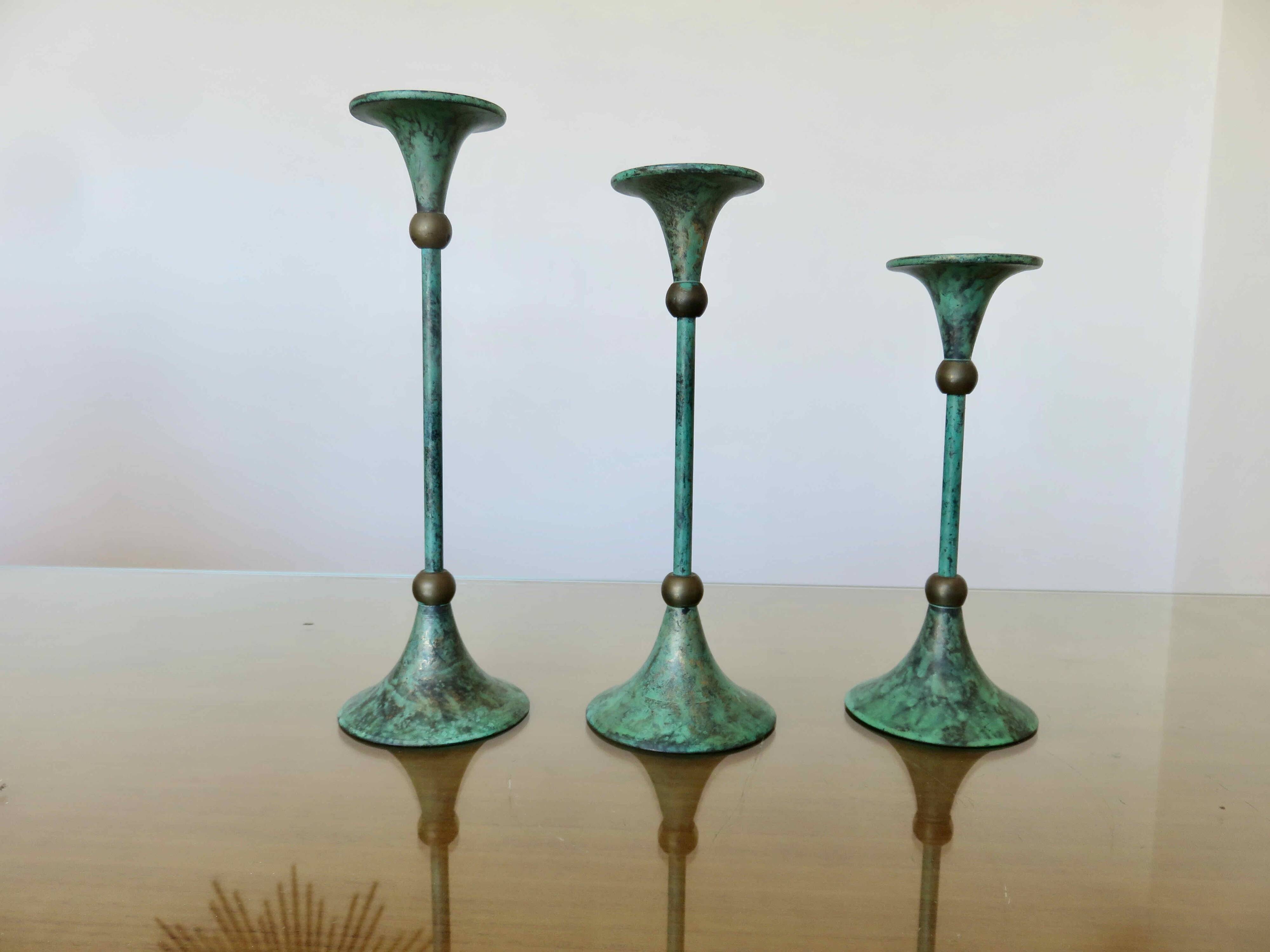 Series of 3 green tinted brass candlesticks from the 70s