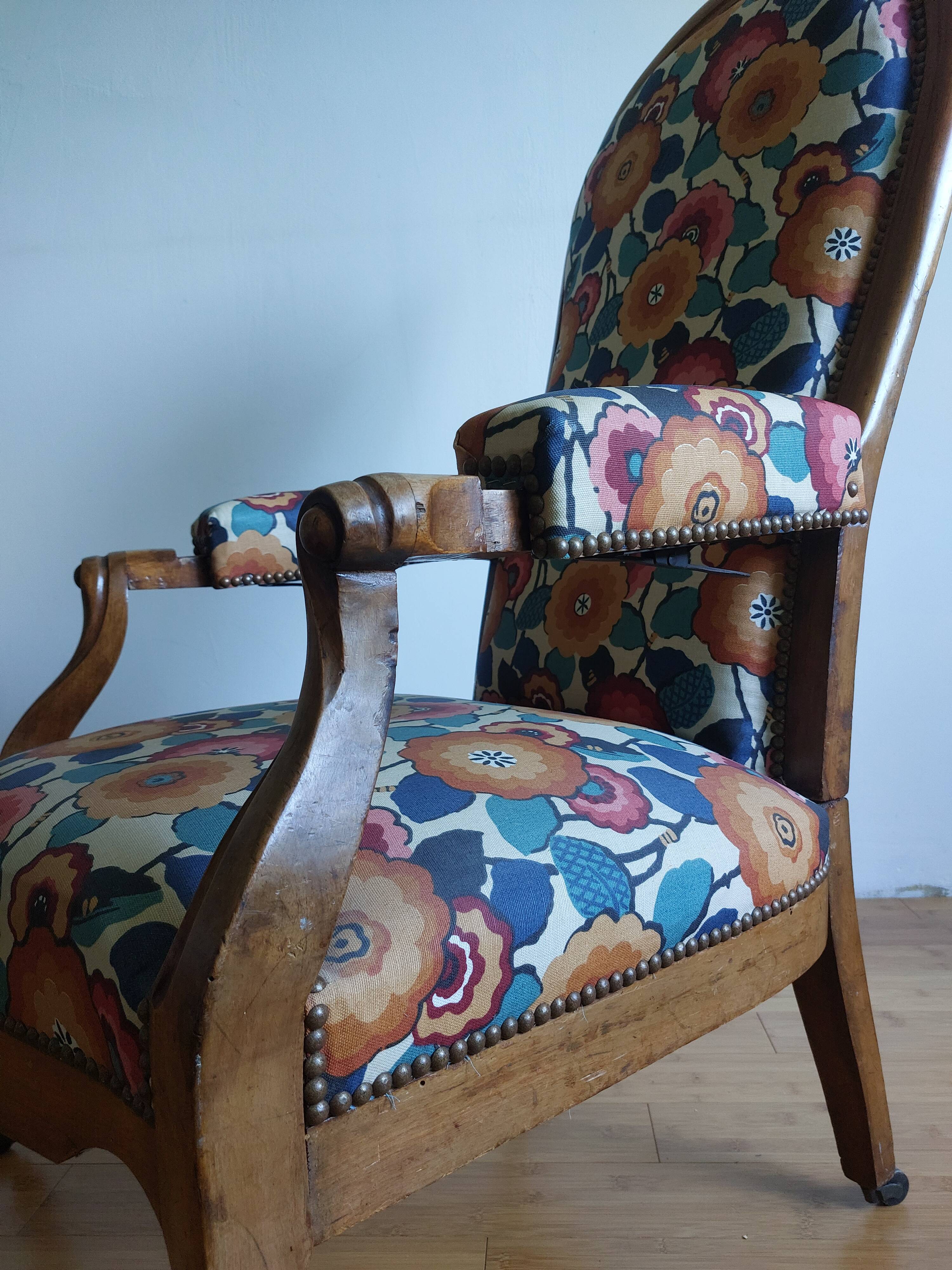 Voltaire armchair with a rack, wheels, and a toad chair in matching fabric.