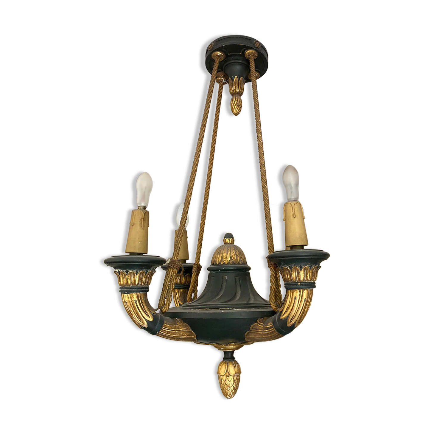 Empire style chandelier with four lights in sheet metal, bronze with patina and gilding