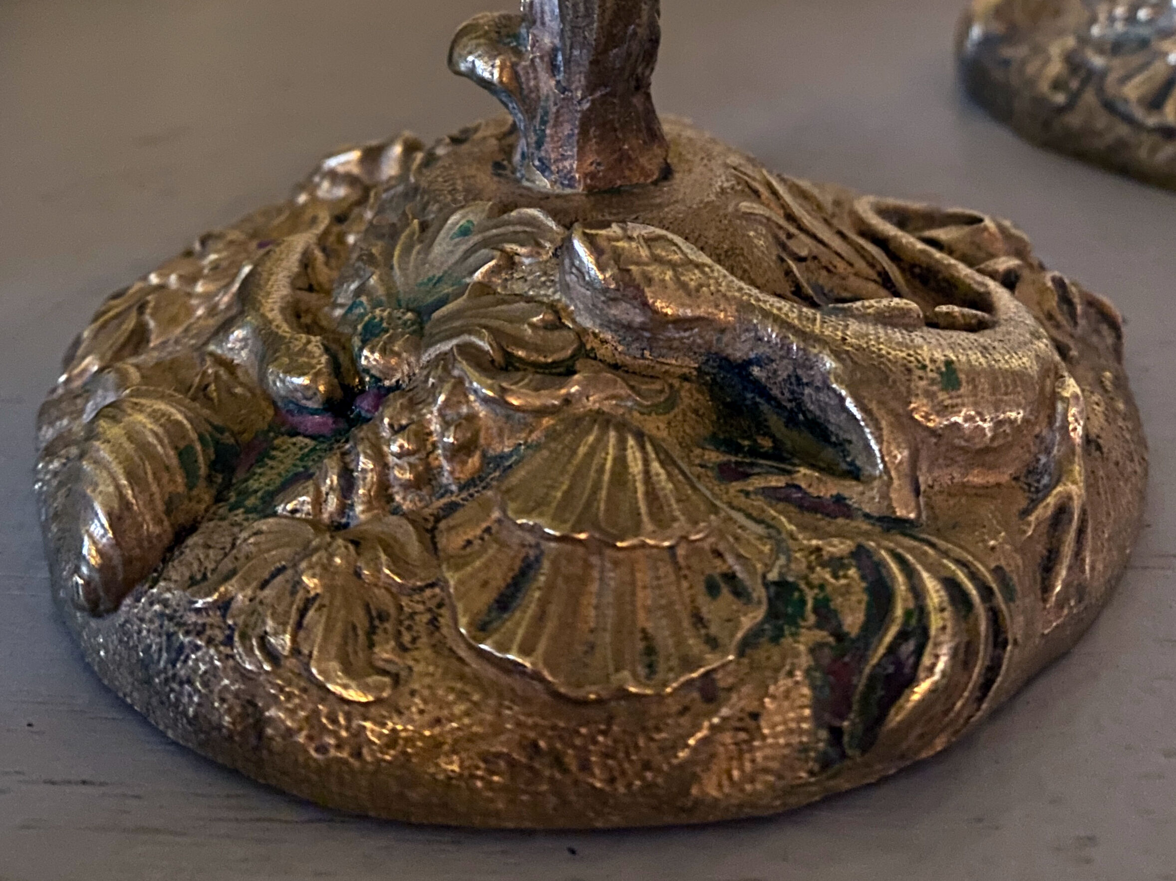 Pair of candlesticks with naturalistic decorations (gothic art nouveau) snake, salamander