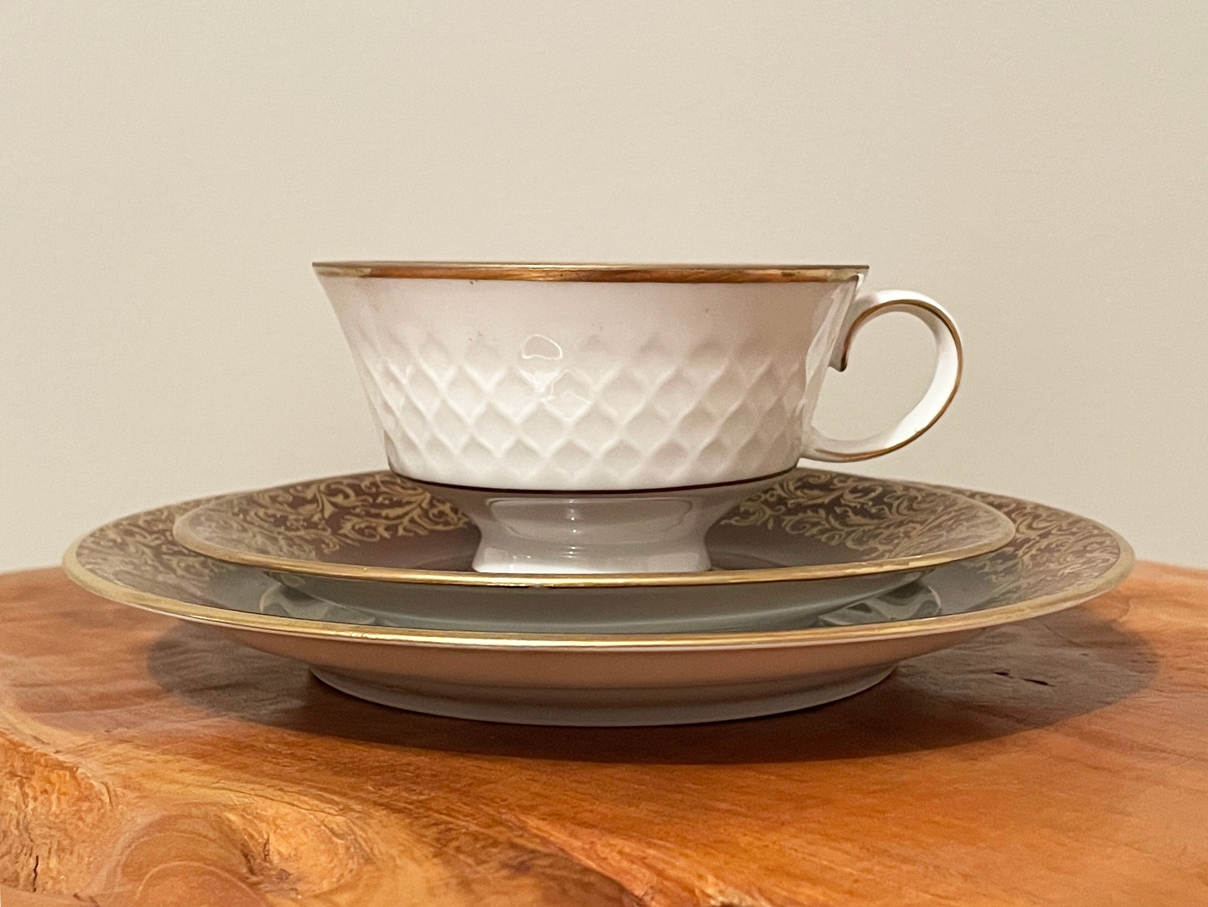 Reichenbach brown teacup trio set with saucer and plate, east-german fine china made in 1968-1990