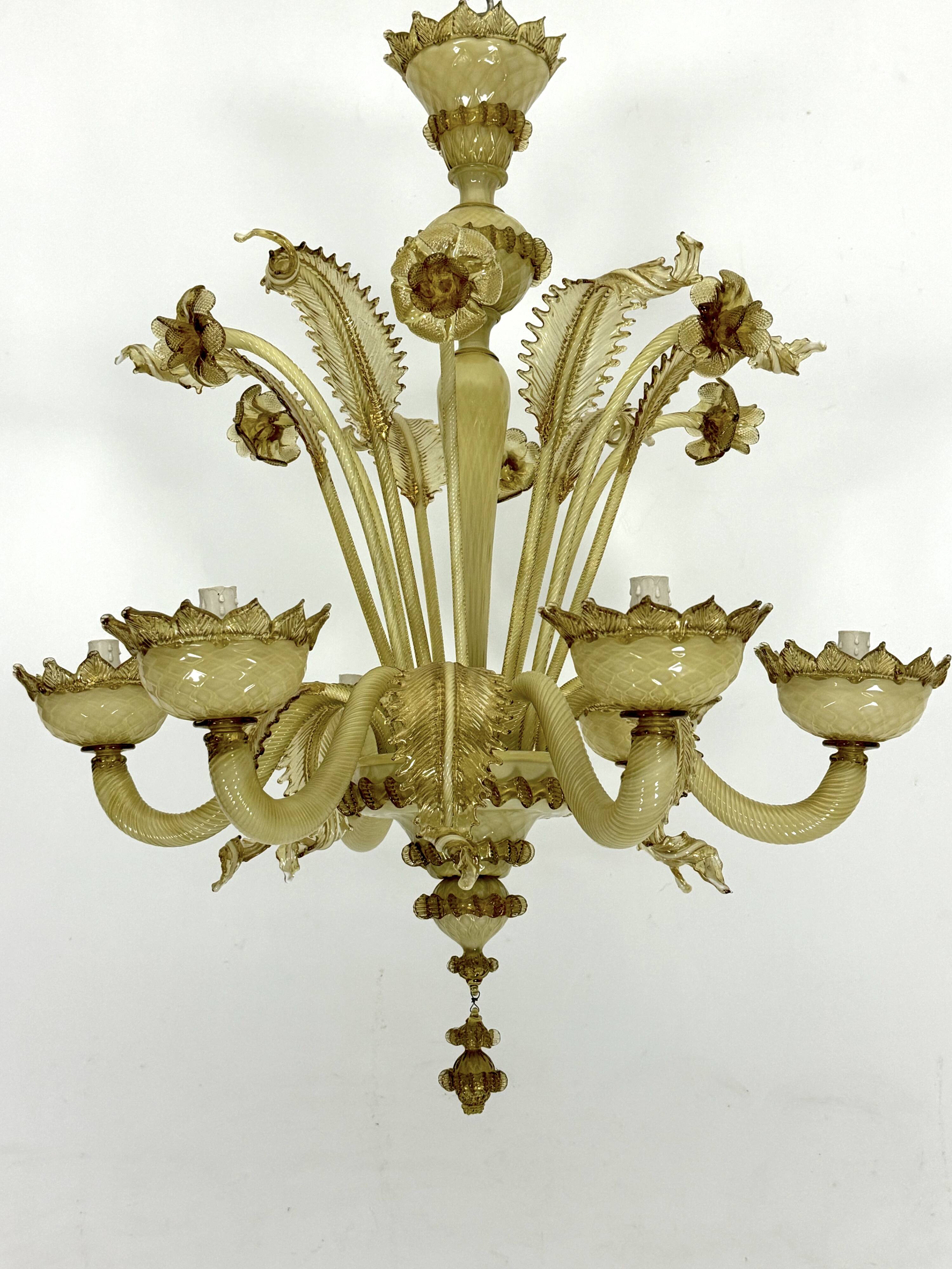 Vintage 6 arms handcrafted floral Murano glass chandelier with gold. Italy 1950s