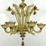 Vintage 6 arms handcrafted floral Murano glass chandelier with gold. Italy 1950s
