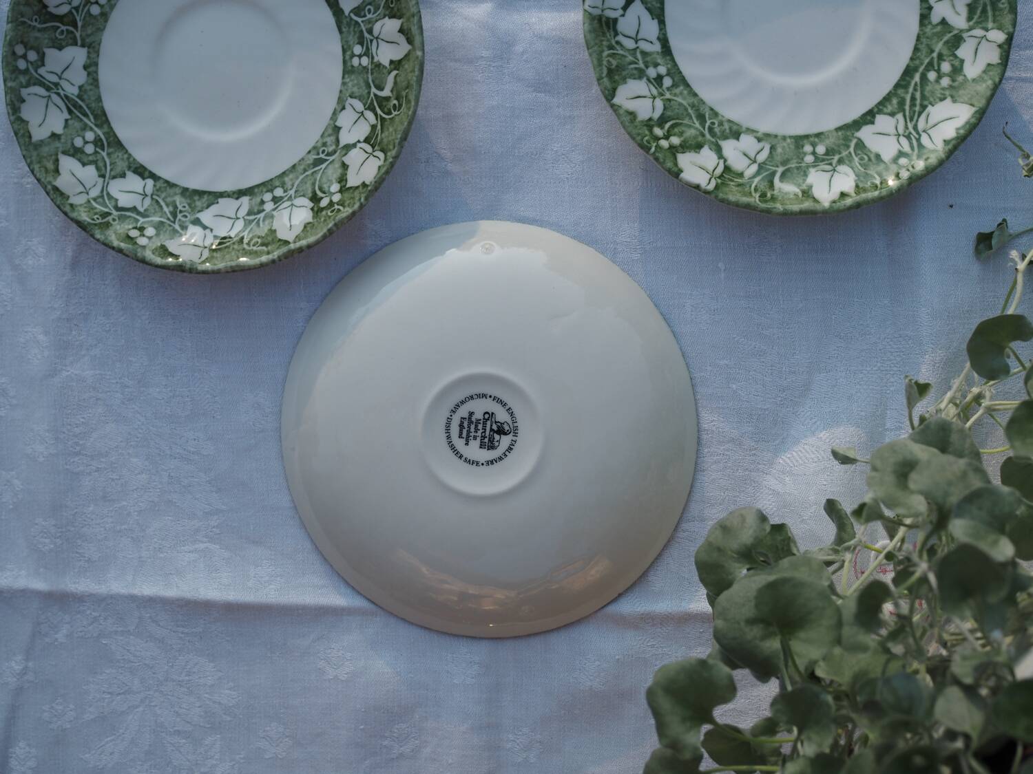 3 Churchill Staffordshire "Verdigris" saucers