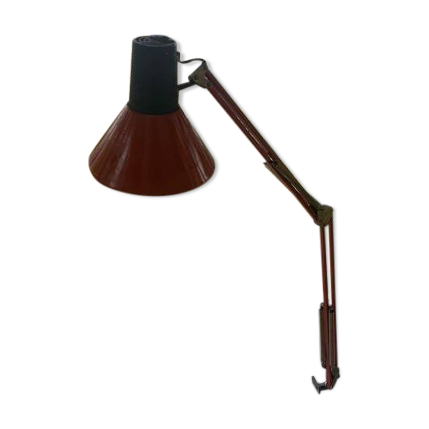 Architect's lamp in burgundy red metal, adjustable and articulated vintage