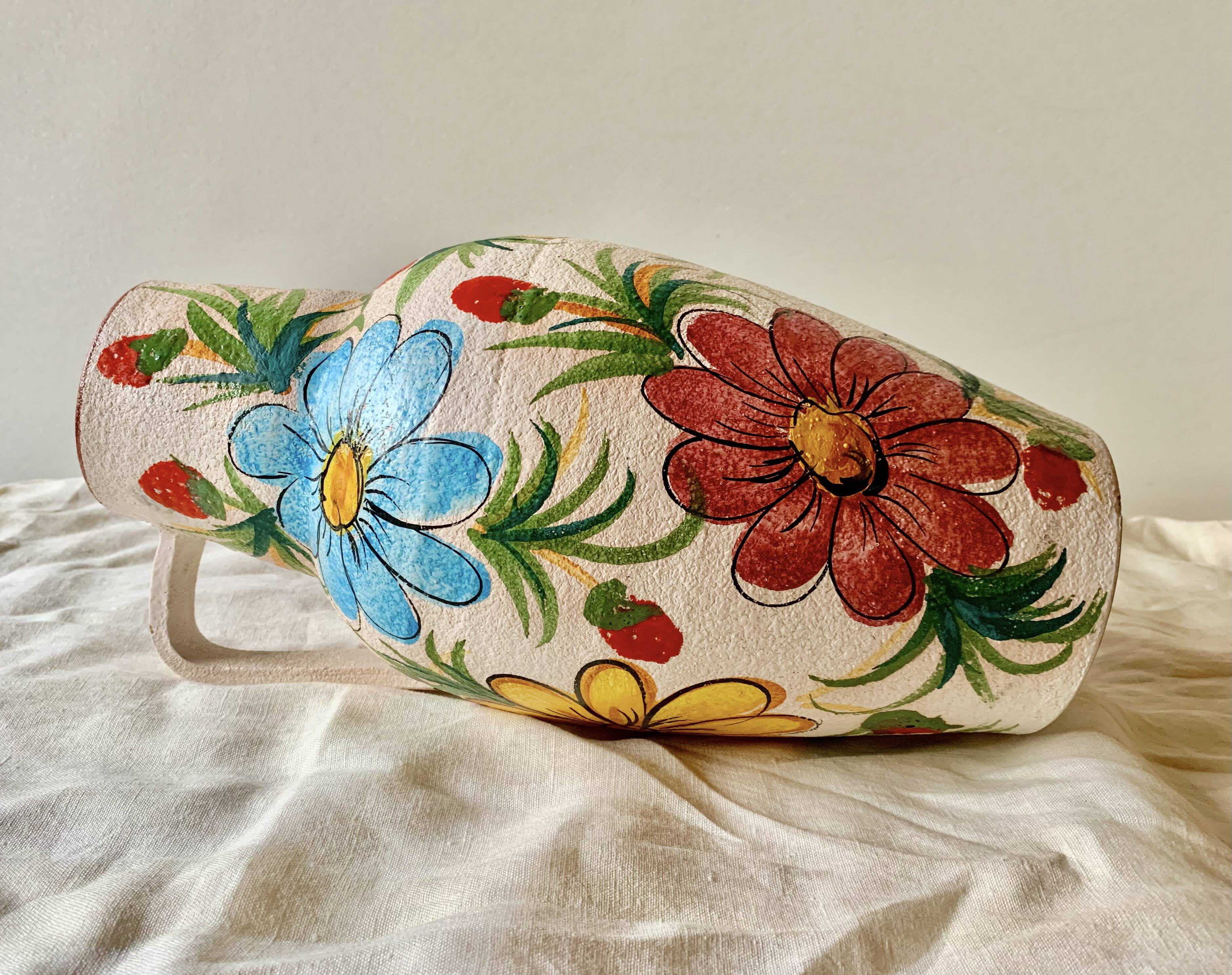 Large vintage ceramic vase - hand-painted floral decoration - Italy