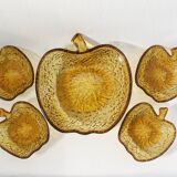 Salad bowl set and 4 dessert cups, vintage, apple shape in amber glass