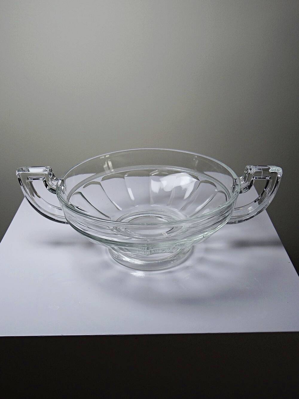 Art Deco glass bowl, in the style of Val Saint Lambert, with wide handles.