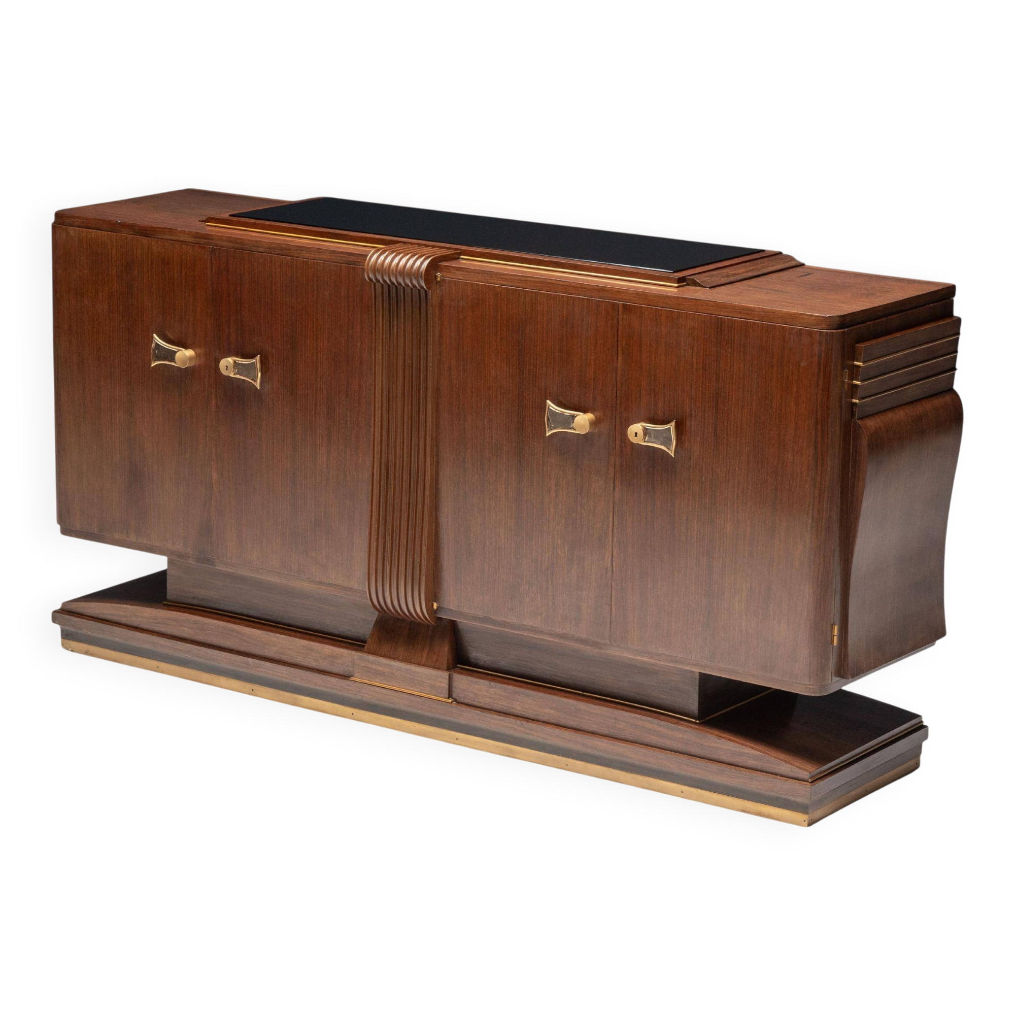 Art Deco walnut sideboard with brass details and sculptural base, France, 1930s