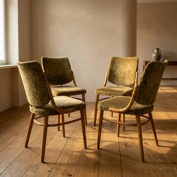Bentwood dining chairs set of 4, retro beech wood & olive velour, TON 1960s–1970s, Czechoslovakia