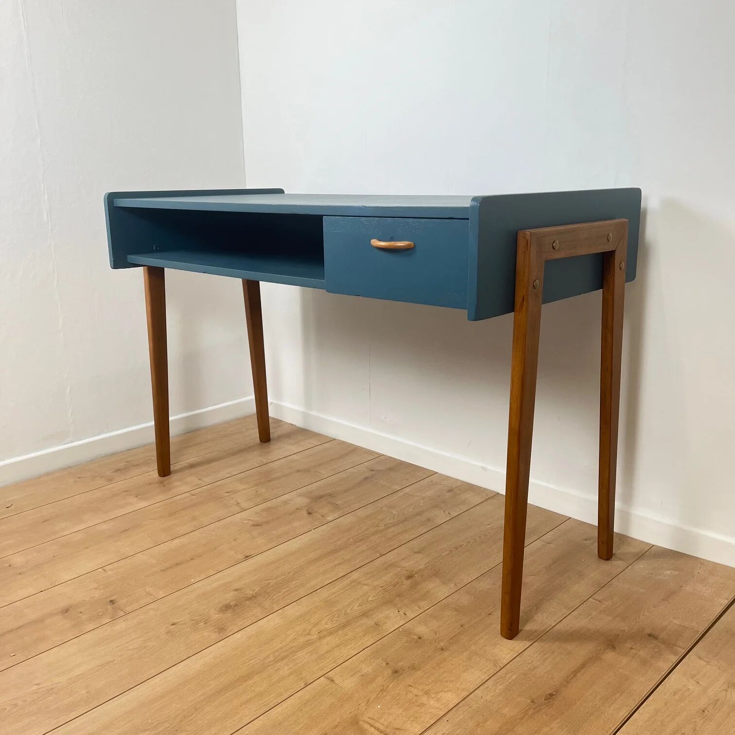Vintage modernist desk in petrol blue, 1950s/60s.